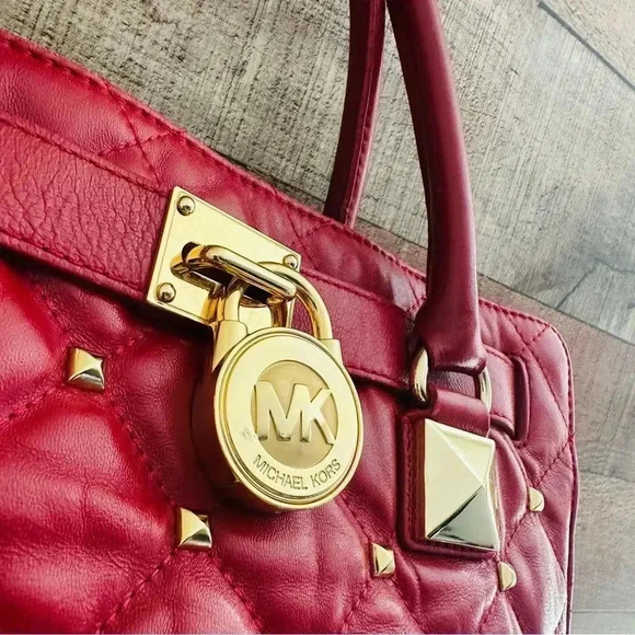 Micheal Kors Rare Red Hamilton Quilted Studded Leather ayote/Satchel Bag - Picture 11 of 12